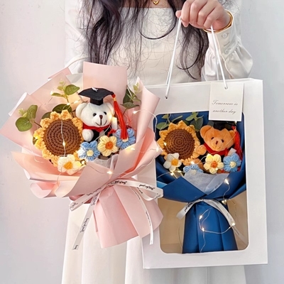 良い価格 卒業熊 紫陽花 編み花束 創作 手作り ギフト 糸 花 教師 誕生日 プレゼント オンライン