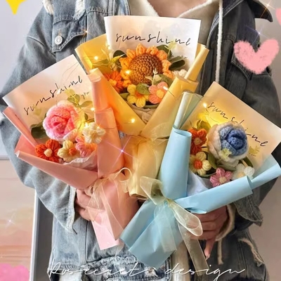 良い価格 バレンタインデーと教師の日のためのクリエイティブな贈り物 ローズ 羊毛の花束 日焼け 編み花 誕生日プレゼントとして手作り完成品 オンライン