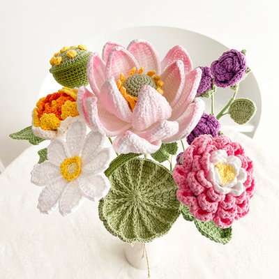良い価格 手作り ニットパイル ロータスとピオニー花の花束 美しい家庭用デスクトップオーナメント オンライン