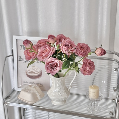 良い価格 Retro charred edge 3-head rose, oil paint-like artificial flower, dried flower bouquet, bouquet, artificial flower arrangement, photo prop オンライン
