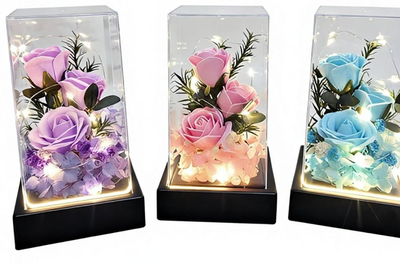良い価格 520 永遠の花石けん 花束 四角ガラスカバー ナイトライトローズ 3 石けん花 バレンタインデー 母の日誕生日プレゼント オンライン